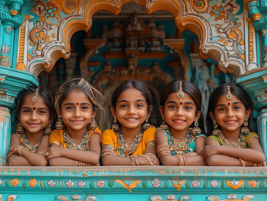 Four young girls, adorned in vibrant gold jewelry and traditional Indian attire, pose for a photograph.  They lean on a brightly colored, ornate window or balcony,  the intricate teal and gold details of the structure providing a striking backdrop.  Their smiling faces and matching outfits suggest a celebration or special occasion. The girls' bindi and elaborate necklaces are prominent features of their attire, adding to the image's cultural richness.