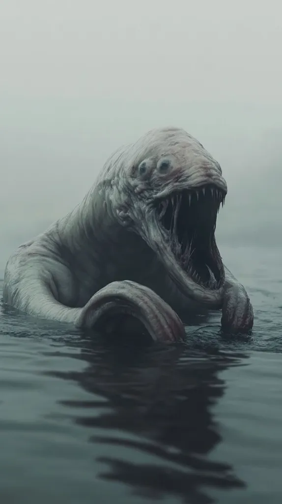 A monstrous creature, pale and fleshy, emerges from murky water. Its gaping maw reveals sharp teeth, and its eyes are small and dark.  Thick, blubbery limbs are partially submerged, suggesting a large size. The creature's form is vaguely reptilian or amphibian.  A thick fog hangs in the background, adding to the eerie, unsettling atmosphere. The overall tone is one of horror and mystery.