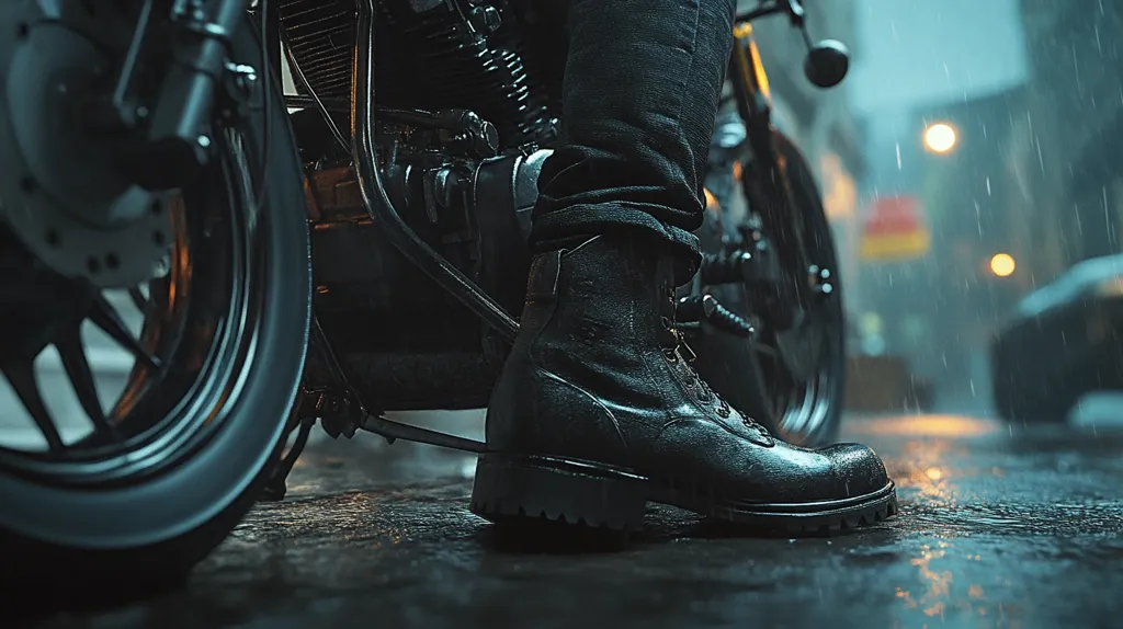 Close-up view of a biker's heavy, black leather boot resting on a wet city street next to a motorcycle. The motorcycle's front wheel is in sharp focus, while the background blurs with rain-slicked streets and blurred city lights.  The overall mood is dark, gritty, and atmospheric, suggesting a night-time scene in a rainy urban environment. The focus on the boot emphasizes the rider's presence and the weight of the moment.