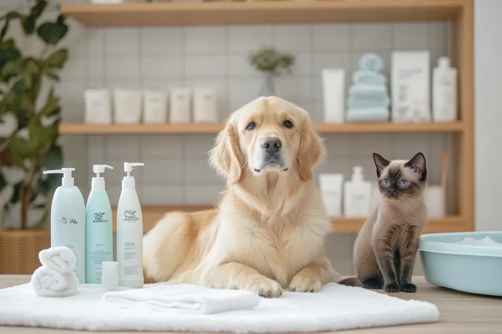 A golden retriever and a Siamese kitten sit side-by-side on a white towel, bathed in soft light. Three pet care bottles and a white towel are neatly arranged in front of them. A light blue pet bath sits in the background. The setting appears to be a clean, minimalist pet grooming salon or spa. The overall impression is one of calm and cleanliness, highlighting the products and the peaceful pets.