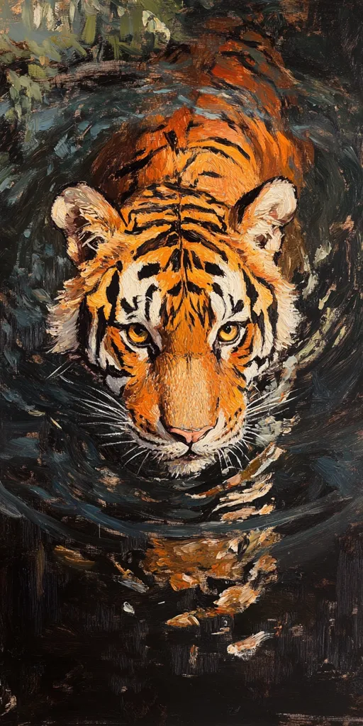 Here's a description of the image:

The painting depicts a tiger submerged in dark water, its head and shoulders visible above the surface. The tiger's fur is rendered in warm oranges and browns, contrasting sharply with the cool, dark tones of the water.  The artist uses thick, impasto brushstrokes, particularly in the water, creating a sense of texture and movement. The tiger's gaze is direct, engaging the viewer, and its expression is one of quiet intensity. The overall mood is one of mystery and wild beauty, highlighting the animal's power and grace.