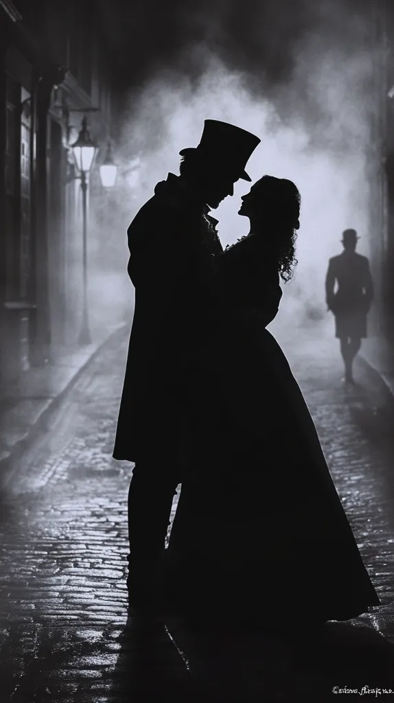 A black and white silhouette shows a couple embracing on a cobblestone street at night.  The man wears a top hat, his arm around the woman's waist.  She is dressed in a long gown.  A solitary figure walks away in the background, adding a sense of mystery to the dimly lit scene, which is shrouded in fog or mist.  Gas lamps cast a faint glow, illuminating the romantic moment. The overall mood is evocative and romantic.