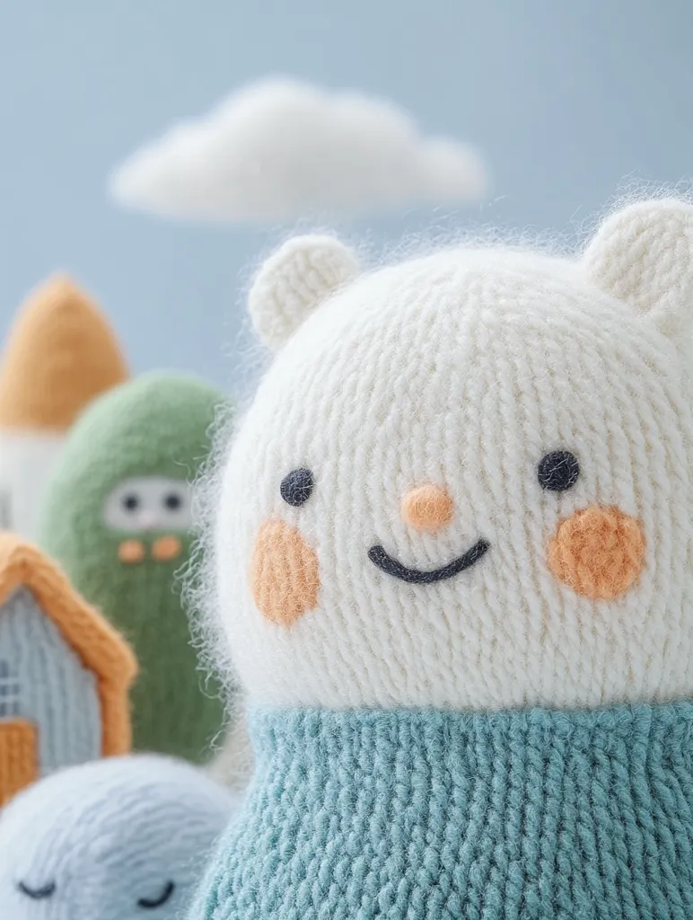 A close-up shot features a charming hand-knitted bear toy, predominantly white with a cheerful face, peach-colored cheeks, and a teal sweater.  It's positioned in a miniature, softly-lit landscape of similarly crafted felt or knitted houses and figures, creating a whimsical, idyllic scene.  A blurry cloud is visible in the background, enhancing the soft focus and overall calm ambiance of the image.