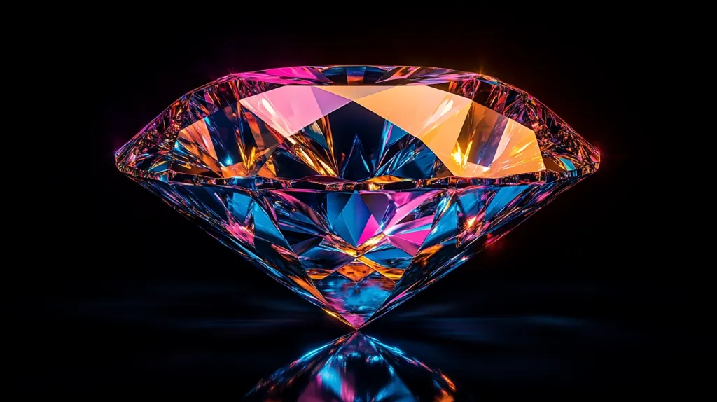 Here is a description of the image:

The image showcases a large, brilliantly cut diamond against a stark black background.  The diamond's facets catch and reflect light, creating a mesmerizing display of vibrant, iridescent colors.  Shades of pink, orange, and blue dominate, with hints of deeper purples and golds within the crystal structure. The diamond is positioned centrally, with its reflection mirrored perfectly below, enhancing the sense of depth and luminosity. The overall effect is one of luxury, opulence, and breathtaking beauty.