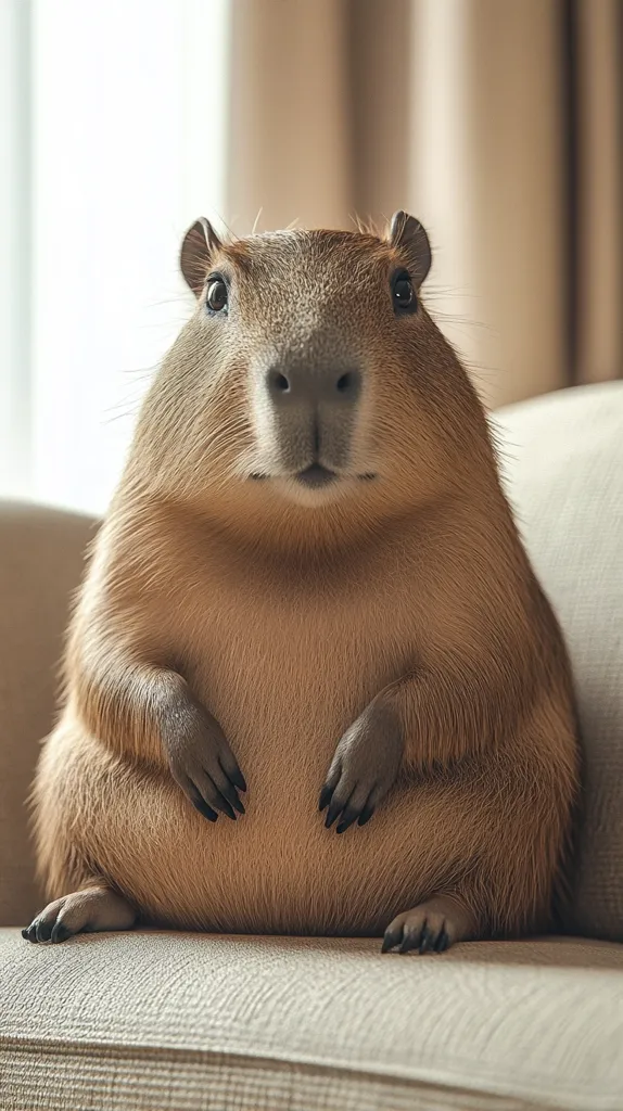 Here is a description of the image:

A capybara sits on a light beige couch, facing the camera. Its large, dark eyes are visible, and its fur is a light brown.  The capybara is plump and appears relaxed, with its paws neatly tucked under itself. The background is softly blurred, showing a window and curtains in muted tones. The overall lighting is soft and warm, creating a calm and cozy atmosphere.