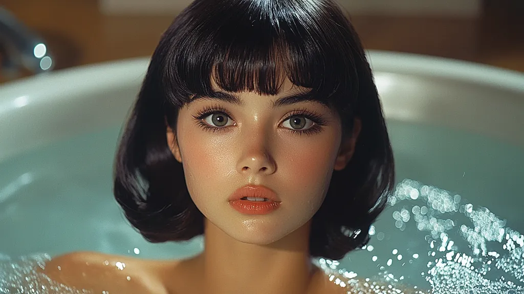 Close-up view of a young woman with dark, blunt-cut bobbed hair and bangs, submerged in a bathtub.  Her makeup is soft and subtly highlighted, emphasizing her large eyes and full lips. The water is a muted teal, and soft bubbles surround her. The overall aesthetic is vintage-inspired and glamorous, with a focus on the woman's delicate features and serene expression.  The image evokes a feeling of calm and luxury.