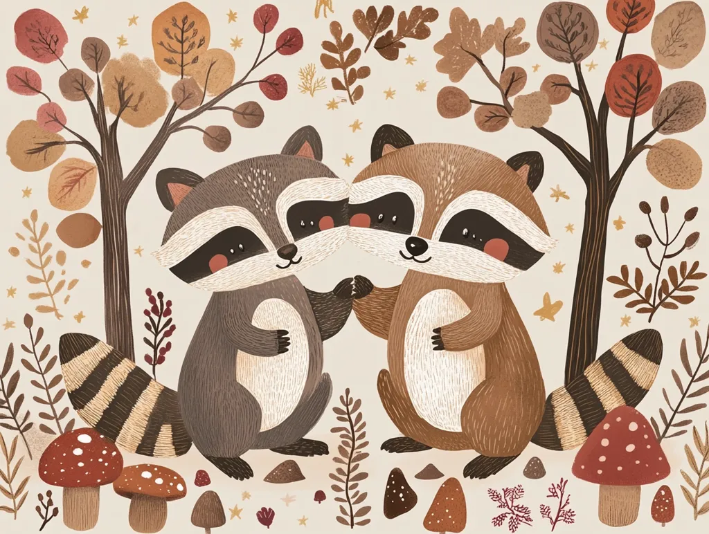 Here's a description of the image:

The illustration showcases two adorable raccoons, positioned centrally against a beige backdrop. They're depicted in a friendly embrace, their fur rendered in warm brown and gray tones.  The raccoons are surrounded by autumnal elements: stylized trees with muted orange and brown leaves, small mushrooms, and various sprigs of foliage.  The overall style is whimsical and charming, evoking a cozy autumnal atmosphere.  The texture appears slightly rough, suggesting a hand-drawn or textured digital painting technique.  Small golden stars are scattered throughout the background, adding to the picture's playful aesthetic.