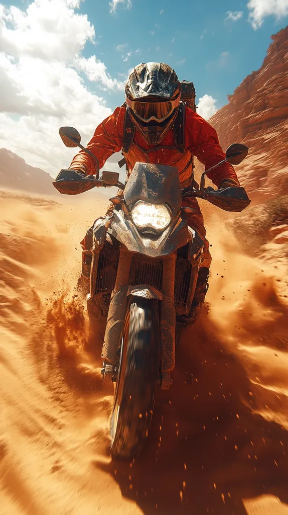 A motorcyclist speeds through a desert landscape, kicking up a cloud of orange sand.  The rider, clad in an orange jacket and full protective gear, is focused on the trail ahead. The powerful dirt bike is the central focus, its headlight cutting through the dust. The sunlit sky and rocky, red-hued background contrast with the dynamic action of the scene.  The overall impression is one of adventure and exhilaration.