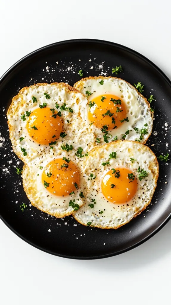 Here's a description of the image:

Four sunny-side-up eggs are artfully arranged on a black plate.  The eggs boast perfectly cooked, golden-yellow yolks surrounded by crisp, white whites.  Sprinkled over the eggs are flecks of parsley and what appears to be salt and pepper, adding a touch of freshness and seasoning. The black plate provides a stark contrast to the bright yellow and white of the eggs, making them visually appealing. The overall composition suggests a simple, yet elegant, breakfast presentation.
