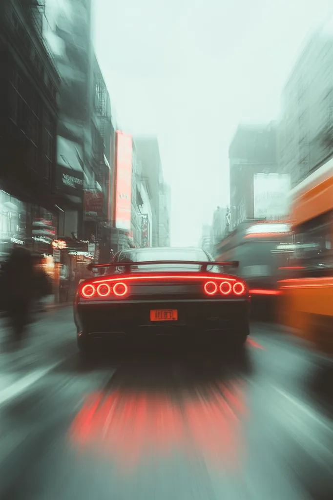 Here's a description of the image:

The image shows the rear view of a sleek, black sports car driving down a rain-slick city street.  The car's taillights glow intensely, creating streaks of red light on the wet pavement.  The city buildings flanking the street are blurred by a motion effect, suggesting speed.  A bus and other vehicles are visible in the background, also blurred, enhancing the sense of movement. The overall atmosphere is moody and atmospheric, with a muted color palette dominated by greens, greys, and the vibrant red of the taillights.