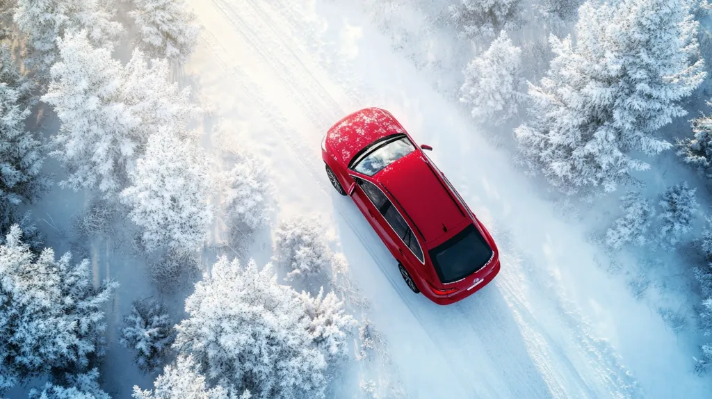 Here's a description of the image:

An aerial view shows a vibrant red SUV traversing a snow-covered road that winds through a winter forest.  The snow blankets the evergreen trees, transforming them into frosty white sculptures. The car, viewed from directly above, appears small against the vast, pristine landscape.  Tire tracks are visible in the snow, indicating the car's recent passage. The scene evokes a sense of serene winter travel in a remote, snowy setting.