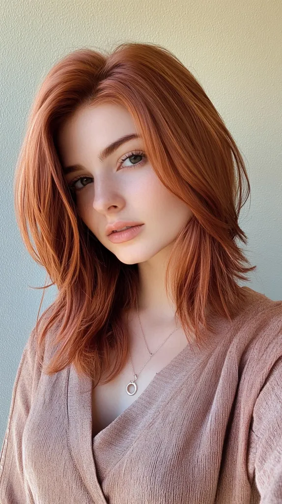 Here's a description of the image:

Close-up view of a young woman with vibrant, medium-length auburn hair styled in loose waves that frame her face.  She has fair skin, and her makeup is natural and subtle. Her eyes are a light hazel or green. She's wearing a light brownish-beige cardigan or sweater with a v-neck. A simple silver necklace with a small circular pendant is visible around her neck. The background is a plain, light beige wall.  The overall impression is one of natural beauty and relaxed elegance.