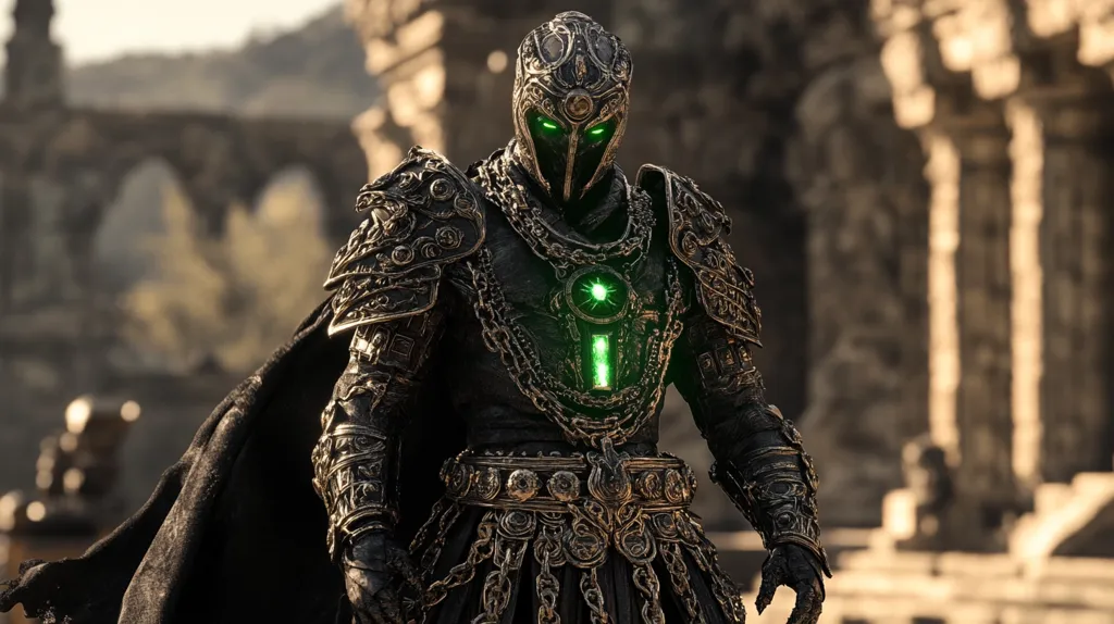 The image showcases a formidable warrior, clad in intricately detailed, dark armor adorned with gold accents and chains.  A glowing green emblem is prominently displayed on the chest. The helmet conceals the face, leaving only glowing green eyes visible. The setting appears to be the ruins of an ancient stone structure, suggesting a powerful, perhaps otherworldly, figure in a desolate, historical locale. The overall mood is one of mystery and power.