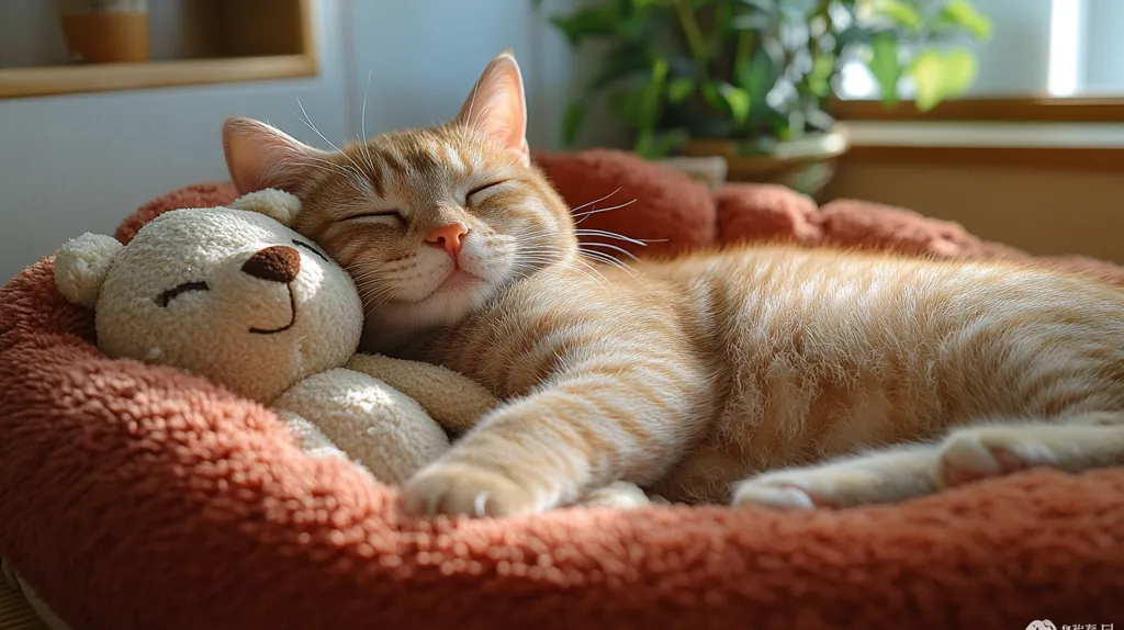 A ginger tabby cat peacefully sleeps nestled in a plush, terracotta-colored cat bed.  Its eyes are closed, and it rests contentedly against a cream-colored teddy bear.  Sunlight illuminates the cat's fur, highlighting its stripes. The scene is cozy and suggests a warm, comfortable environment. The cat appears relaxed and utterly at ease.