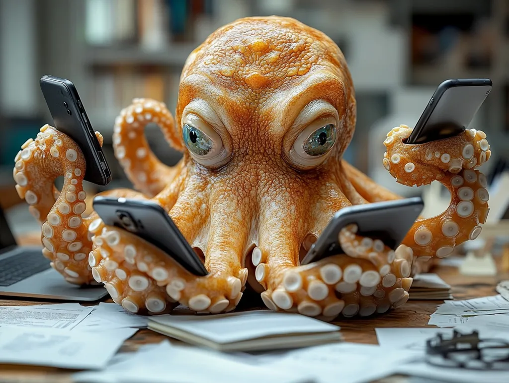 A whimsical image depicts an octopus with strikingly realistic eyes, sitting at a desk amidst paperwork.  Its multiple arms expertly wield three smartphones simultaneously.  The octopus appears focused on the screens, showcasing a humorous juxtaposition of cephalopod intelligence and modern technology. The scene is set in a blurred background suggesting a home or office setting, emphasizing the octopus's immersion in the human world of multitasking.
