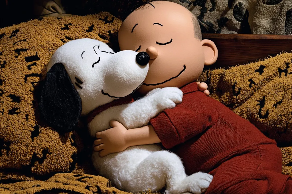 Here's a description of the image:

A heartwarming close-up shows Charlie Brown, the beloved Peanuts character, sound asleep in bed. He's nestled closely against his loyal beagle, Snoopy, both embracing each other tightly. Charlie Brown is dressed in his signature red pajamas, while Snoopy is his characteristic fluffy white self.  They rest on a bed with mustard-yellow, textured pillows, creating a cozy and comforting scene. The overall mood is one of peace and contentment.