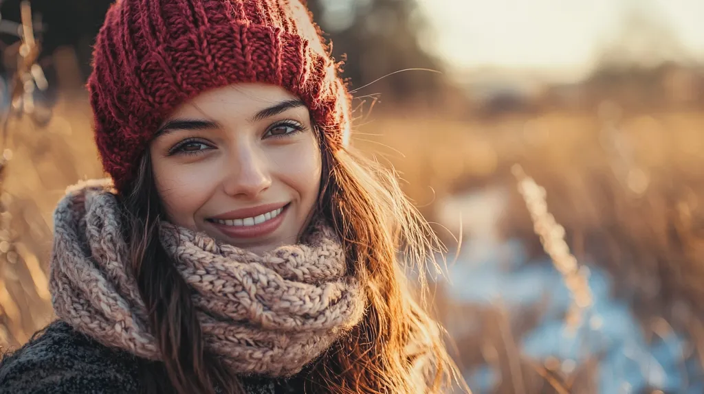 Here's a description of the image:

A young woman with long brown hair smiles warmly at the camera.  She's bundled in a cozy, reddish-brown knitted hat and a chunky, light beige scarf, suggesting a cold, outdoor setting. The background is blurred, showing a field of tall, dry grasses with hints of golden sunlight, creating a soft, autumnal or wintery ambiance. Her expression is cheerful and approachable, enhancing the overall feeling of warmth and comfort.