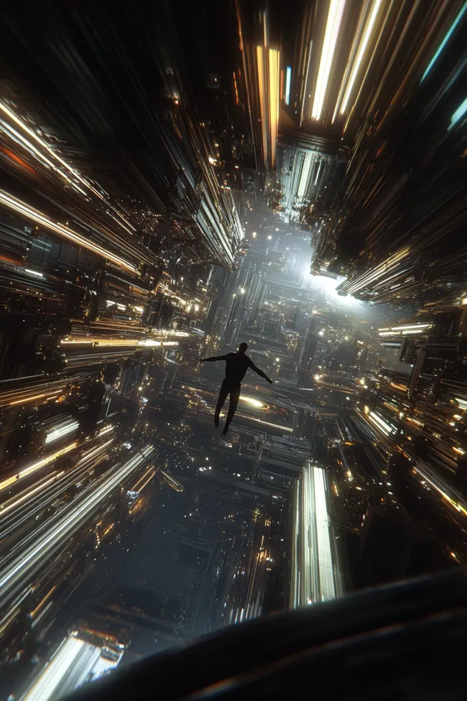 The image depicts a person silhouetted against a futuristic cityscape. The figure appears to be falling or floating within a complex, glowing network of towering structures that resemble buildings or technological infrastructure.  Light streaks create a sense of motion and speed, emphasizing the depth and scale of the environment.  The overall aesthetic is dark, yet vibrant with warm and cool light contrasts, suggesting a blend of dystopian and fantastical elements. The scene evokes feelings of isolation and wonder in a technologically advanced, possibly alien, setting.
