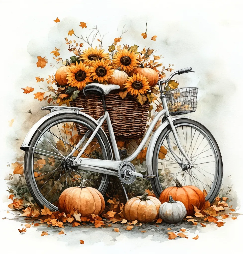 A watercolor painting depicts a vintage bicycle adorned with autumnal charm.  A wicker basket overflowing with sunflowers and pumpkins sits on the rear rack.  The bicycle, painted in muted silver, rests amidst fallen leaves.  Several more pumpkins, varying in size and color, are scattered on the ground around the bicycle's wheels, creating a picturesque autumnal scene. The overall style is romantic and nostalgic.