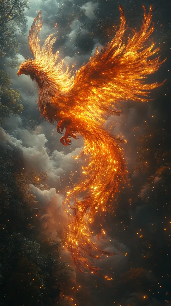 A breathtaking digital artwork depicts a phoenix in flight.  Its body and magnificent wings are rendered as vibrant, flowing flames, casting a warm, fiery glow against a backdrop of dark, smoky clouds and shadowy trees.  Sparks and embers trail in its wake, enhancing the sense of dynamic movement and ethereal beauty.  The contrast between the fiery bird and the muted background emphasizes its majestic presence.