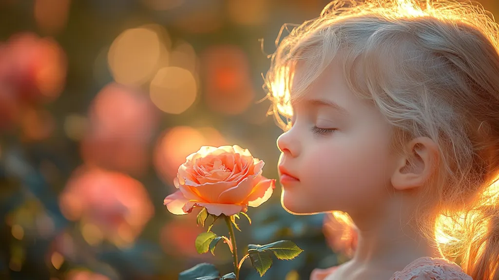 Here's a description of the image:

The photograph captures a tender moment: a young blonde girl, bathed in the warm glow of sunset, gently inhales the fragrance of a delicate peach-colored rose.  Her eyes are closed in peaceful enjoyment, her face serene and illuminated by the golden light that backlights her hair.  The background is softly blurred, showcasing a bokeh effect with more out-of-focus roses, creating a dreamy, romantic atmosphere. The overall mood is one of innocence, beauty, and the simple joys of nature.