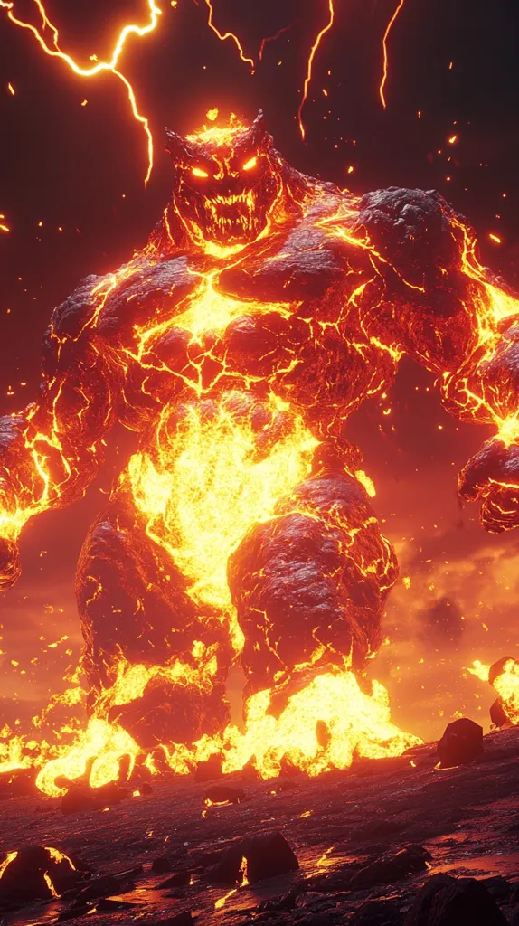 A colossal, demonic figure composed of molten rock and fire stands amidst a fiery landscape.  Jagged, volcanic forms make up its body, glowing with intense orange and yellow flames.  Lightning streaks across the dark sky, enhancing the creature's hellish aura.  The ground is a sea of dark, smoldering rock with streams of lava flowing across its surface.  The creature's face is monstrous, with glowing eyes and sharp teeth, adding to its terrifying presence.