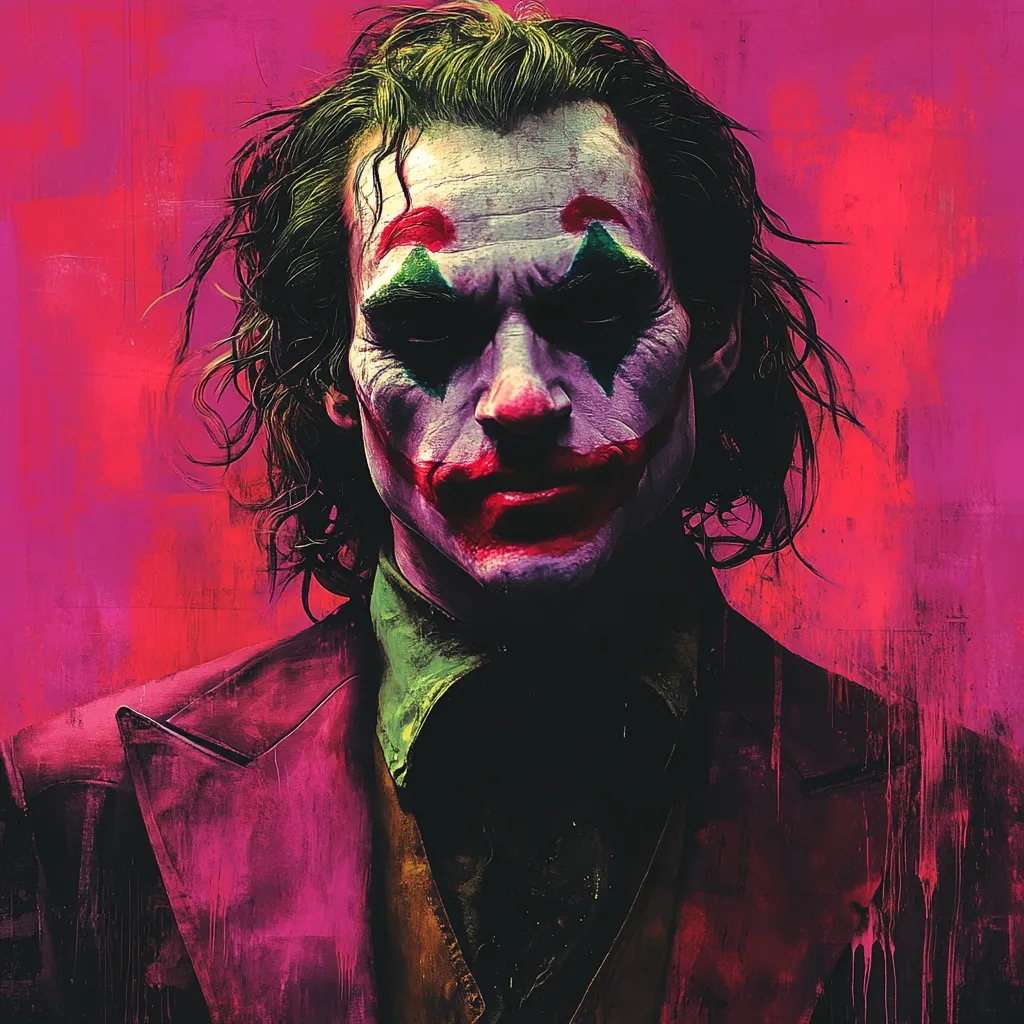 Here's a description of the image:

The image is a stylized portrait of the Joker, focusing on his face and upper body. He's depicted with his iconic makeup—pale face, dark eyes, and a crimson smile—and disheveled green hair.  He wears a dark suit with hints of purple and green, suggesting a textured, painted style. The background is a vibrant, textured pink and red, adding to the overall chaotic and artistic feel. The overall effect is dark, intense, and visually striking, evoking the character's disturbed personality.