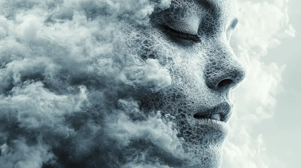 The image is a surreal close-up of a woman's face, partially obscured by a swirling, smoky cloud.  The skin appears textured and almost crystalline, contrasting with the ethereal quality of the smoke. Her eyes are closed, suggesting a state of peace or contemplation. The overall mood is one of mystery and tranquility, blending the human form with a dreamlike or otherworldly atmosphere. The cool, bluish-gray tones contribute to the image's enigmatic and somewhat melancholic feel.