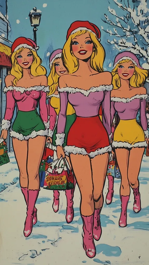 Here's a description of the image:

The illustration depicts four women, styled like pin-up girls, dressed in festive Christmas attire. They are walking in a snowy street, each carrying shopping bags.  Their outfits consist of Santa hats, off-the-shoulder mini-dresses with colorful skirts, and pink boots. The central figure is prominently featured, while the others flank her. The background includes a snow-covered street with a lamppost and a partially visible building, creating a cheerful Christmas scene. The style is reminiscent of vintage comic book art, with bold lines and vibrant colors.
