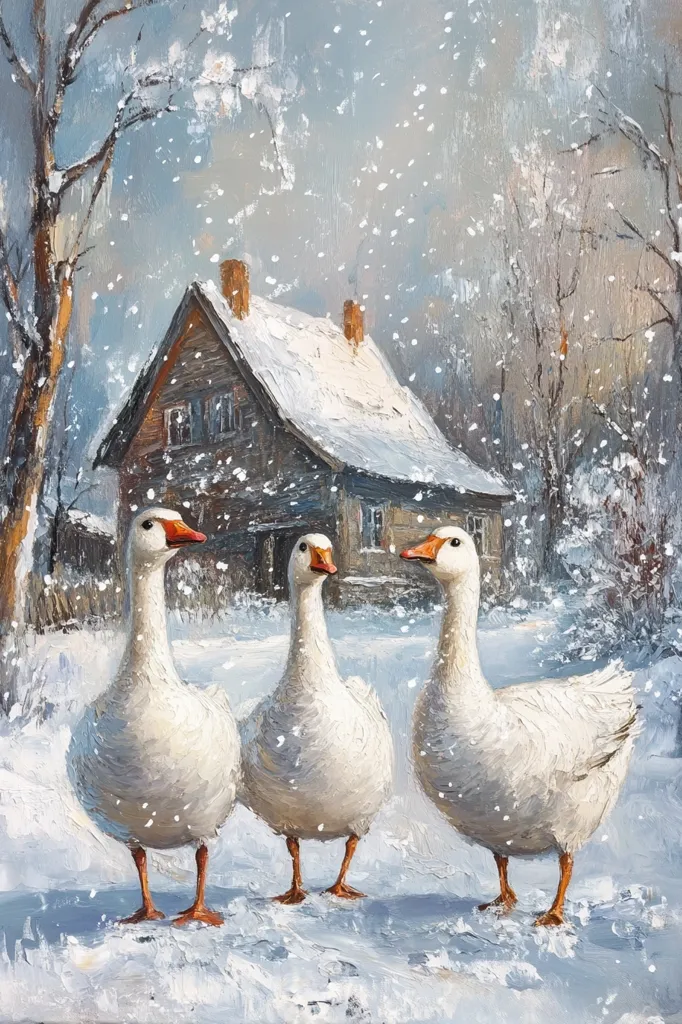 Here's a description of the image:

A charming winter scene unfolds, depicted in an oil painting style. Three white geese stand prominently in the foreground, their feathers dusted with snowflakes, against a backdrop of a snow-covered rustic house. The house, characterized by its aged wooden exterior and snow-laden roof, sits amidst a softly falling snow. Bare, snow-laden trees frame the scene, enhancing the wintry ambiance.  The style is impressionistic, with visible brushstrokes adding texture and depth to the snow and the geese's plumage. The overall mood is serene and peaceful, capturing the quiet beauty of a snowy winter day.