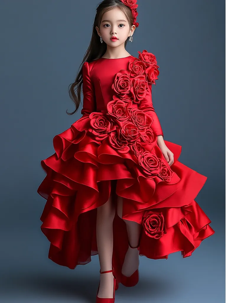 A young girl is elegantly dressed in a vibrant red high-low gown.  The dress features a fitted bodice with long sleeves and a dramatic, layered skirt adorned with large, 3D rose appliqués.  The roses cascade down one side of the dress, adding a romantic and luxurious touch. Her dark hair is styled neatly, and she wears a matching red flower crown. The overall impression is one of sophisticated style and youthful charm.