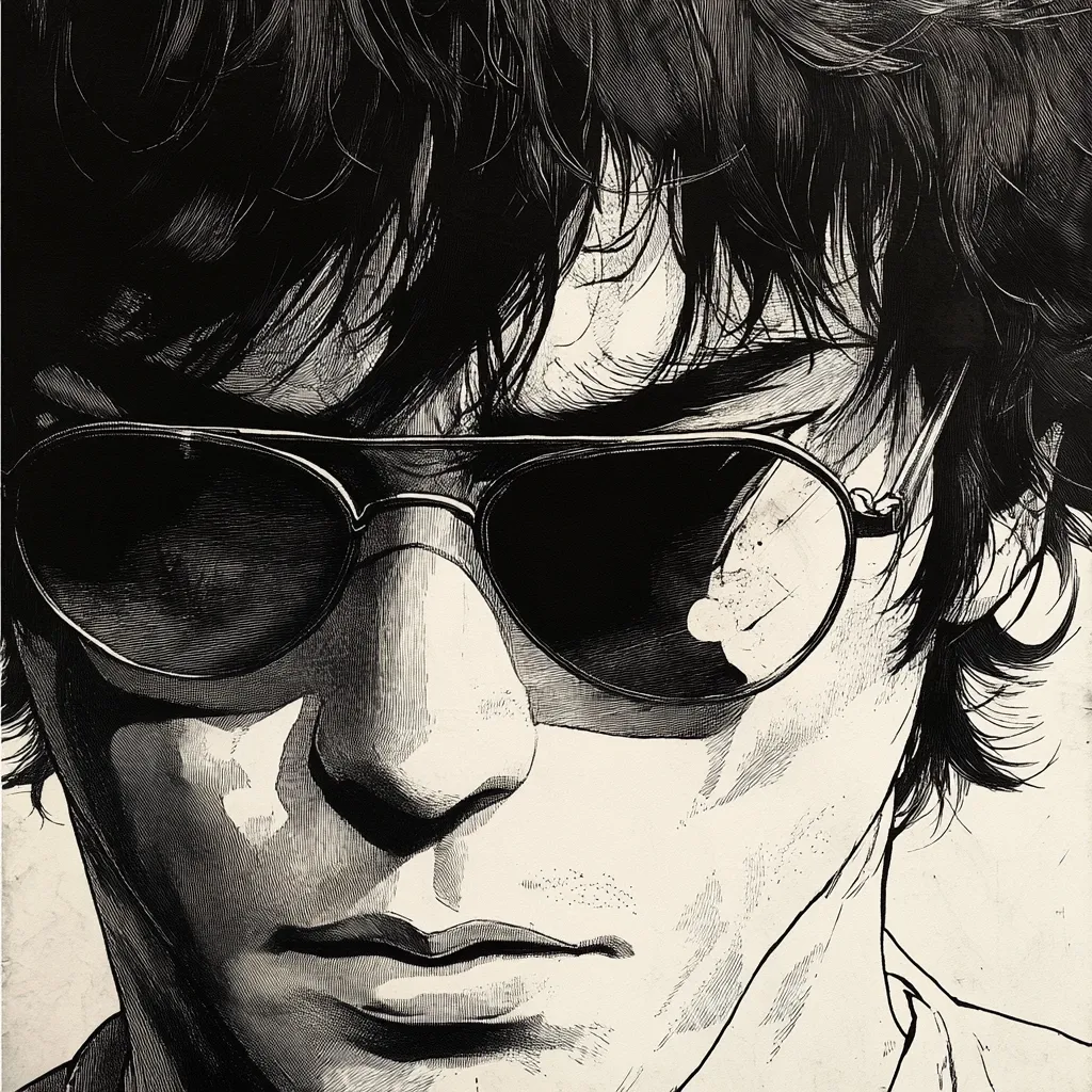 Here's a description of the image:

The image is a black and white, close-up illustration of a man's face.  He has dark, shaggy hair that partially obscures his forehead.  He's wearing aviator-style sunglasses, which cast shadows on his face. The style is reminiscent of ink or pen-and-ink drawing, with detailed hatching and cross-hatching creating texture and shading. His expression is serious, almost brooding, with a slightly downturned mouth. The background is a muted, textured off-white, allowing the man's features to stand out prominently. The overall mood is intense and somewhat mysterious.