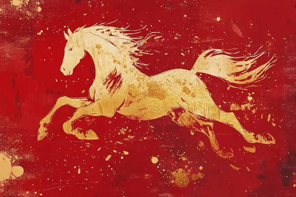 Here's a description of the image:

The artwork depicts a golden horse in mid-gallop against a vibrant red background.  The horse is rendered in a style suggestive of ink wash painting or gold leaf application, with visible brushstrokes and a textured effect.  The red backdrop is speckled with gold paint splatters, adding to the dynamic and energetic feel. The horse's mane and tail flow dramatically, emphasizing its movement. The overall impression is one of power, grace, and celebration, perhaps referencing themes of luck or prosperity.