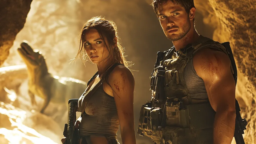 Here's a description of the image in about 100 words:

The image shows a man and a woman, both appearing battle-scarred and determined, standing in a dimly lit cave.  The woman, with a ponytail and dirt-smudged tank top, holds a rifle. The man, muscular and wearing tactical gear, stands protectively beside her.  A large reptile, possibly a dinosaur, lurks in the background, out of focus, adding to the adventurous, perilous atmosphere.  The overall mood is intense and suspenseful, suggesting a scene from an action or adventure film, possibly involving a dangerous expedition or jungle exploration.  The lighting and color palette emphasize the earthy tones of the environment.