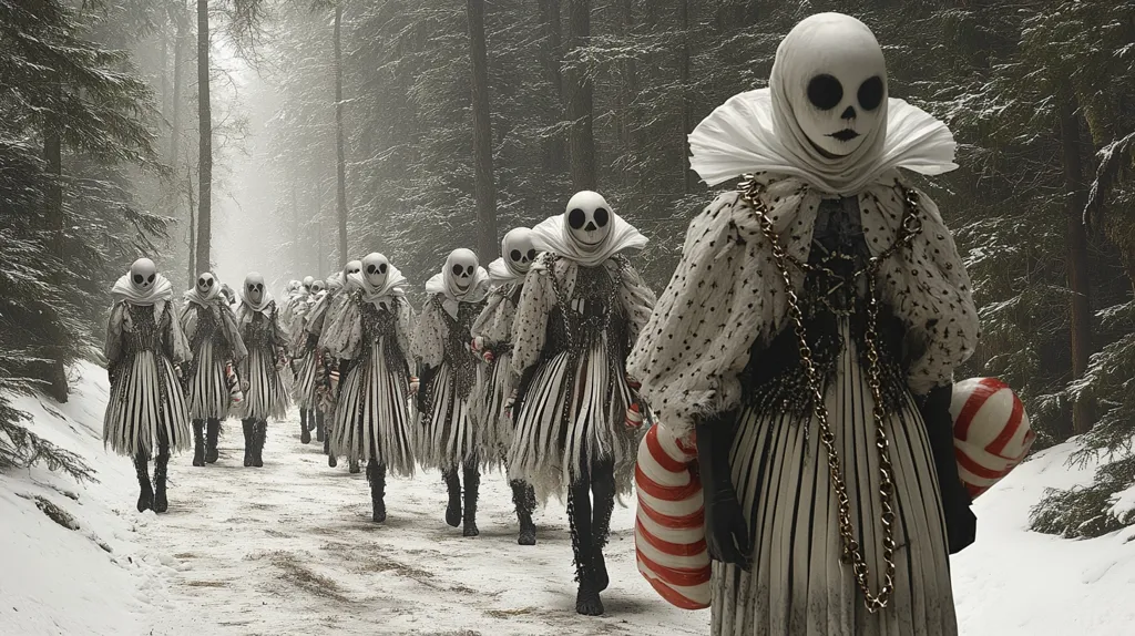 A long line of figures in eerie, white, skull-faced costumes walks down a snowy path in a dark forest.  The costumes are elaborate, featuring pleated skirts, ruffled collars, and heavy chains.  Each figure carries a candy cane-like object. The overall atmosphere is unsettling and somewhat whimsical, suggesting a dark fairytale or fantasy setting. The scene is shrouded in a misty, winter atmosphere.