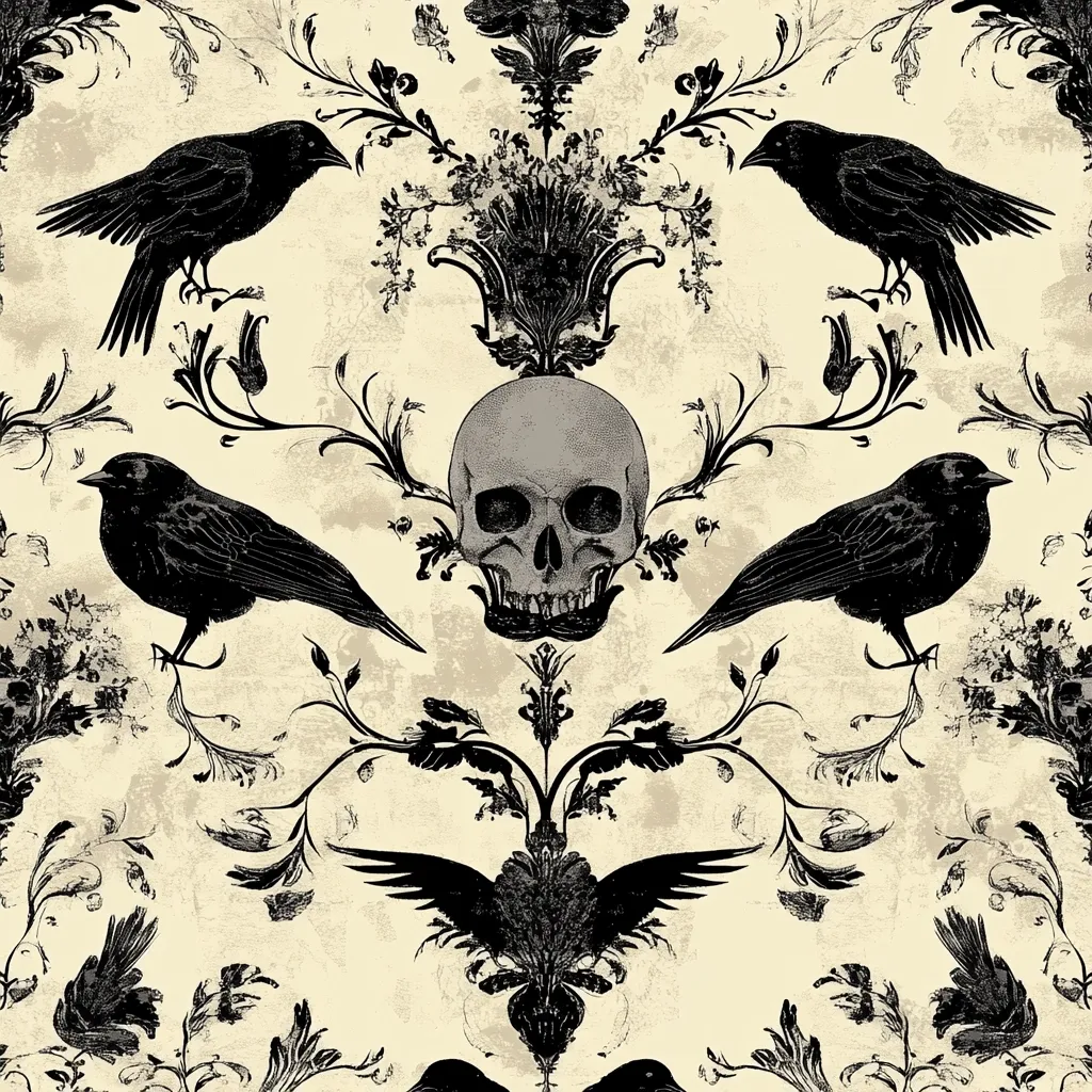 This image is a seamless pattern featuring a darkly romantic aesthetic.  A central human skull is flanked by symmetrical pairs of crows perched on ornate, gothic-style floral branches. The background is a textured, off-white, giving a distressed or antique look.  The overall style blends elements of Victorian-era wallpaper with macabre imagery, creating a darkly elegant design.  The black-and-white color scheme enhances the dramatic mood.