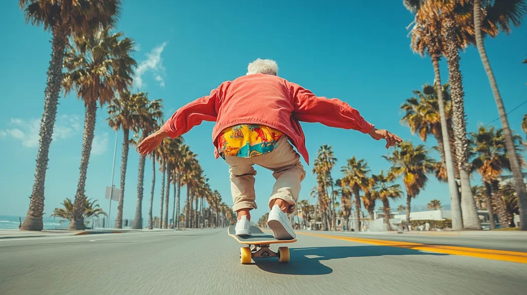 Here's a description of the image:

A vibrant scene captures an older man skateboarding down a palm tree-lined street on a sunny day.  He's wearing a red jacket, khaki pants, and white sneakers, his arms outstretched for balance. His back is to the camera, showcasing a colorful patterned shirt underneath. The bright sunlight and clear blue sky provide a cheerful backdrop, enhancing the feeling of freedom and carefree joy.  The ocean is visible in the distance, suggesting a coastal setting. The overall image evokes a sense of youthful energy regardless of age.