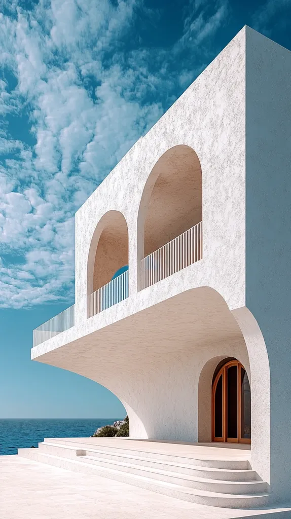 Here is a description of the image:

The image shows a modern, minimalist white building perched on a cliff overlooking a calm ocean. The building features a unique curved design, with arched openings creating balconies and a main entrance.  The exterior is a smooth, light-colored plaster. The sky is a vibrant blue with fluffy white clouds.  Steps lead down from the building to a paved area, creating a sense of serenity and luxury. The overall aesthetic is clean, elegant, and harmonizes with the natural surroundings.