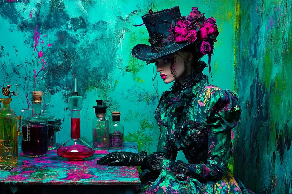 A woman in a vibrant teal and pink, paint-splattered Victorian-style dress and a top hat adorned with fuchsia roses sits at a table.  The table is covered in various glass bottles and beakers containing colored liquids, suggesting a laboratory setting.  The background is a textured teal wall, further enhancing the dramatic, almost surreal, atmosphere of the image. The overall style is darkly romantic and fantastical.