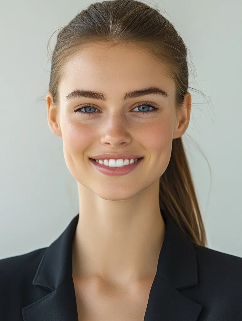 Here's a description of the image:

Close-up portrait of a young woman with light brown hair pulled back into a low ponytail.  She has fair skin, light blue eyes, and a bright, genuine smile showcasing even, white teeth. Her makeup is minimal and natural-looking.  She's wearing a black blazer, and the background is a plain, light gray, keeping the focus entirely on her. The overall impression is one of youth, confidence, and approachability.