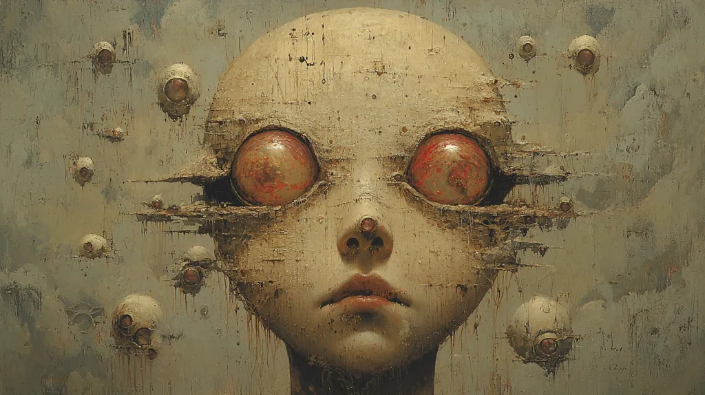 The painting depicts a surreal, pale-skinned face with oversized, red-rimmed eyes.  The face is textured, appearing aged or decaying, with a distressed, almost metallic quality to its surface.  The background is a muted grey-green, scattered with numerous smaller, similar eyes, creating a sense of unease and overwhelming surveillance. The overall style is dark, unsettling, and evokes a feeling of dystopia or cosmic horror. The central figure's expression is solemn and melancholic.
