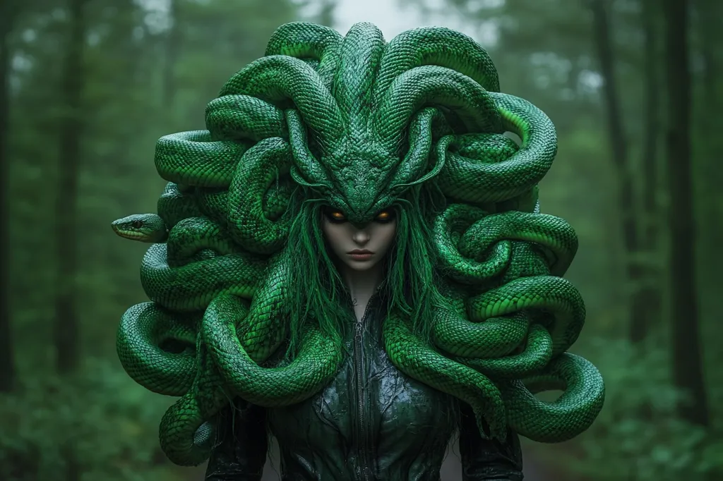 A captivating image depicts a woman seemingly transformed into Medusa, the Gorgon of Greek mythology.  Her head is adorned with a mass of vibrant green snakes, intricately coiled and interwoven, forming a serpentine crown and cascading down her shoulders.  She gazes directly at the viewer with intense, glowing eyes, her expression a blend of defiance and otherworldliness. The backdrop is a moody, atmospheric forest, emphasizing the mystical nature of the subject. The overall effect is one of both beauty and terrifying power.