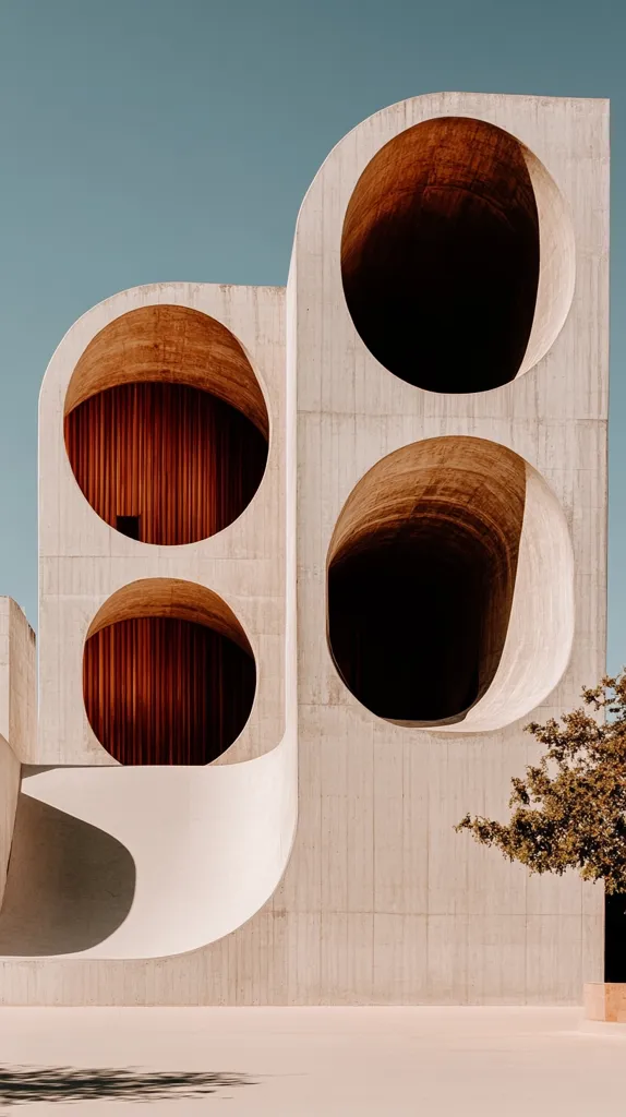 Here's a description of the image:

The photograph showcases a modern architectural marvel—a concrete structure distinguished by its unique design.  Large, rounded recesses are carved into the building's façade, creating a series of imposing, circular openings. The interiors of these openings reveal a rich, reddish-brown material, possibly wood, offering a striking contrast to the light beige concrete. A gently sloping concrete ramp is integrated into the building's base, adding to its fluid, sculptural quality. A small tree stands to the right, providing a natural element against the stark lines of the architecture. The sky is a clear, pale blue. The overall aesthetic is minimalist and modern, emphasizing clean lines and geometric forms.