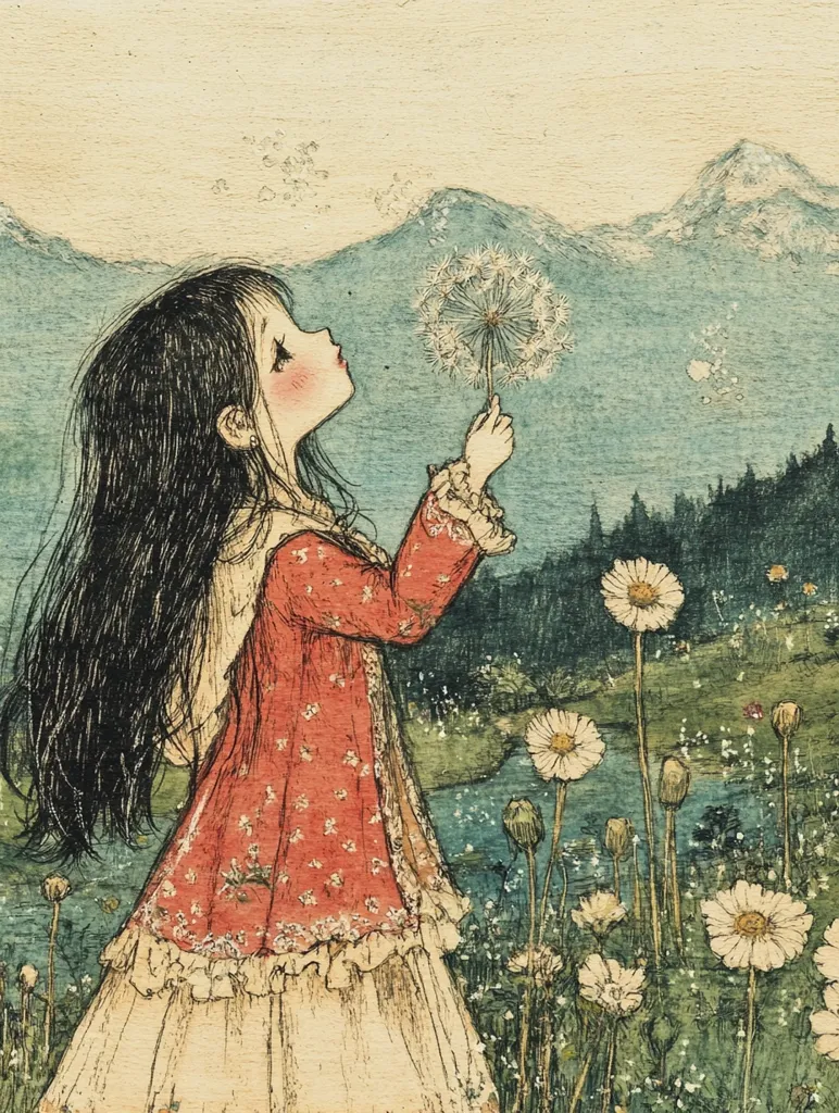 Here is a description of the image:

The illustration depicts a young girl with long dark hair, wearing a red, floral-patterned jacket over a cream-colored dress, standing in a field of wildflowers.  She's looking up, blowing on a dandelion, its seeds scattering in the wind.  The backdrop features a serene landscape with mountains in the distance and a tranquil body of water.  The art style is reminiscent of vintage children's book illustrations, with a muted color palette and detailed linework. The overall mood is peaceful and whimsical.