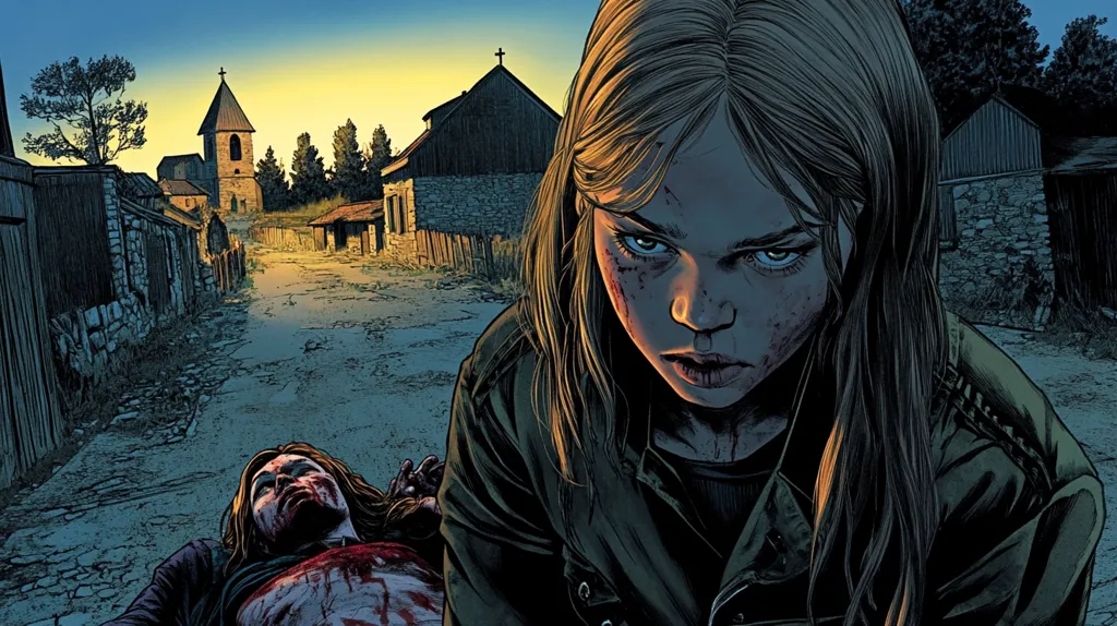 Here's a description of the image:

The illustration depicts a young, determined girl, her face smeared with blood, looming over a bloodied, lifeless woman lying on a deserted, cobblestone street.  The setting is a desolate village at dusk, with a church steeple visible in the background.  The overall mood is dark and violent, suggesting a post-apocalyptic or grim fantasy setting. The style is reminiscent of graphic novels or comic book art, with detailed shading and textures enhancing the gritty atmosphere. The girl's intense gaze directly confronts the viewer, adding to the scene's unsettling power.
