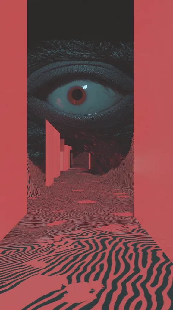 The image presents a surreal, unsettling scene. A large, unnerving eye dominates the upper portion, seemingly peering down a long, narrow corridor.  The corridor features a wavy, textured floor in muted reds and blacks, flanked by tall, rectangular structures. The overall atmosphere is one of confinement and a disturbing, almost voyeuristic, gaze. The color palette is limited to shades of red and dark teal, enhancing the eerie mood.