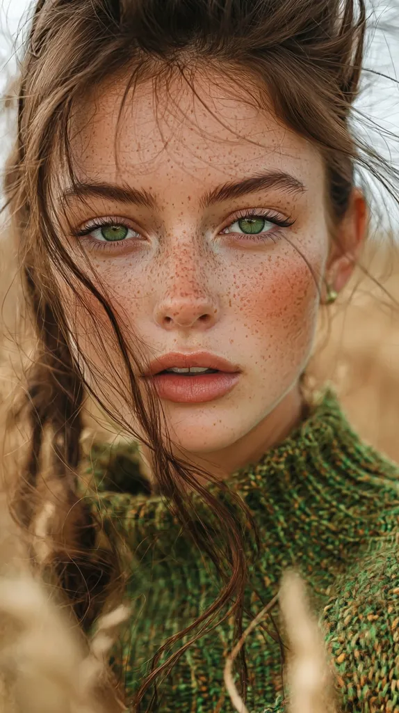 Close-up portrait of a young woman with long, brown, windblown hair.  Her face is adorned with freckles, and she has striking green eyes. She's wearing a textured, olive-green knit sweater. The background is blurred, suggesting a natural, possibly outdoor setting. The overall mood is natural, ethereal, and subtly captivating.