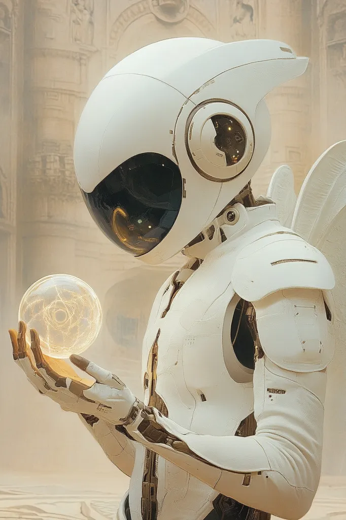 Here is a description of the image:

The image shows a futuristic, white robot delicately holding a glowing orb. The robot's design is sleek and smooth, with visible mechanical joints and a helmet-like head covering.  The orb emits a warm, golden light with internal energy patterns. The background is a blurred, muted beige, suggesting a classical or ancient setting. The robot's pose and the careful way it holds the orb convey a sense of reverence or careful handling of something precious or powerful.  The overall aesthetic is a blend of science fiction and classical architecture.