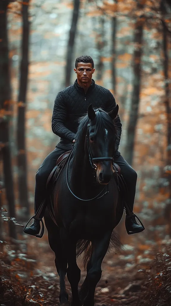 Cristiano Ronaldo sits astride a black horse in a wooded area.  He wears a dark quilted jacket and riding pants. The horse is dark-colored with a long, dark mane and tail. The autumnal forest background is blurred, creating a bokeh effect that focuses attention on Ronaldo and the horse. The overall mood is serious and somewhat mysterious.  The image's lighting is subdued, enhancing the dramatic ambiance.