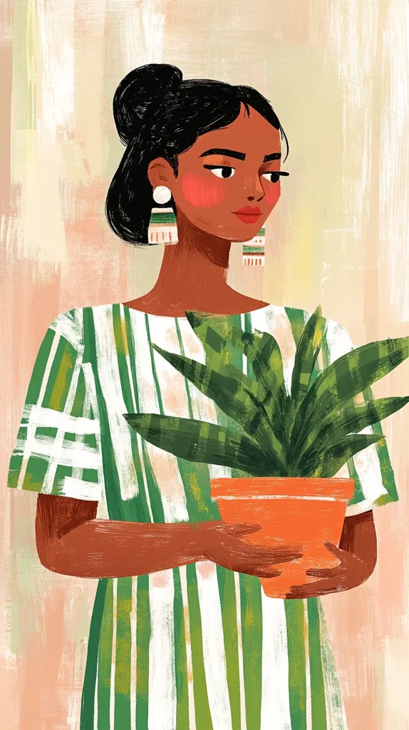 A stylized illustration depicts a woman with dark skin and dark hair in a bun, wearing a green and white striped dress and large earrings.  She holds a potted snake plant, her expression serene and thoughtful. The art style is loose and painterly, with visible brushstrokes and a soft, warm color palette.  The background is a muted peach and beige. The overall feel is calm and peaceful, evoking a sense of gentle strength and connection to nature.